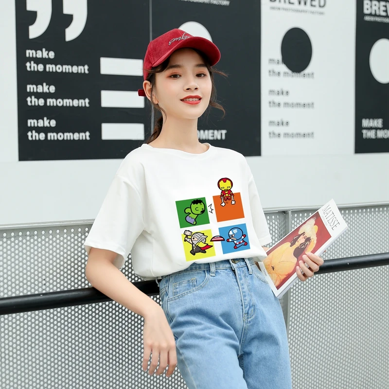 

Women T shirt Avengers Endgame Kawaii Cartoon Captain America Tony Stark Iron Man Hulk Thor Funny T Shirts Tops Harajuku Tee