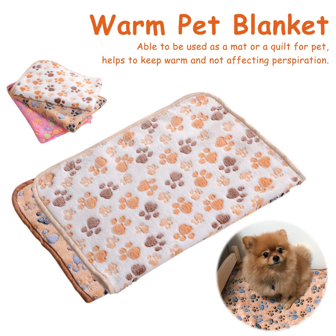 Pets Mat For Small Medium Dogs Cats Soft Warm Fleece Paw Print Design