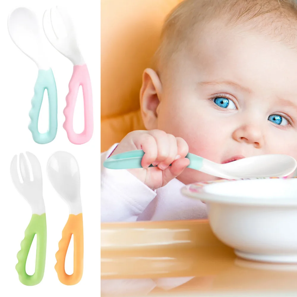 

2Pcs Curved Handle Easy-To-Hold Children Tableware Baby Eating Training set Baby Pacifier Feeding Spoon fork Solid Spoon Fork