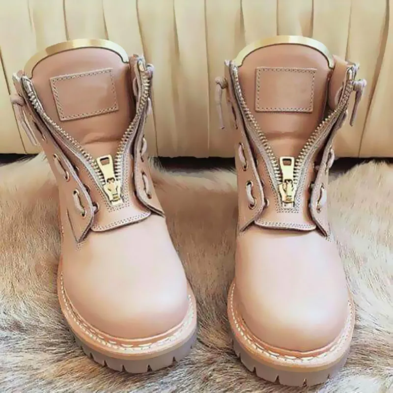 

Plus Size luxury Brand Ladies Shoes Zipper Lace Up Ankle Boots Flats Wool Warm Genuine Leather  Autumn Winter Boots Botas Mujer
