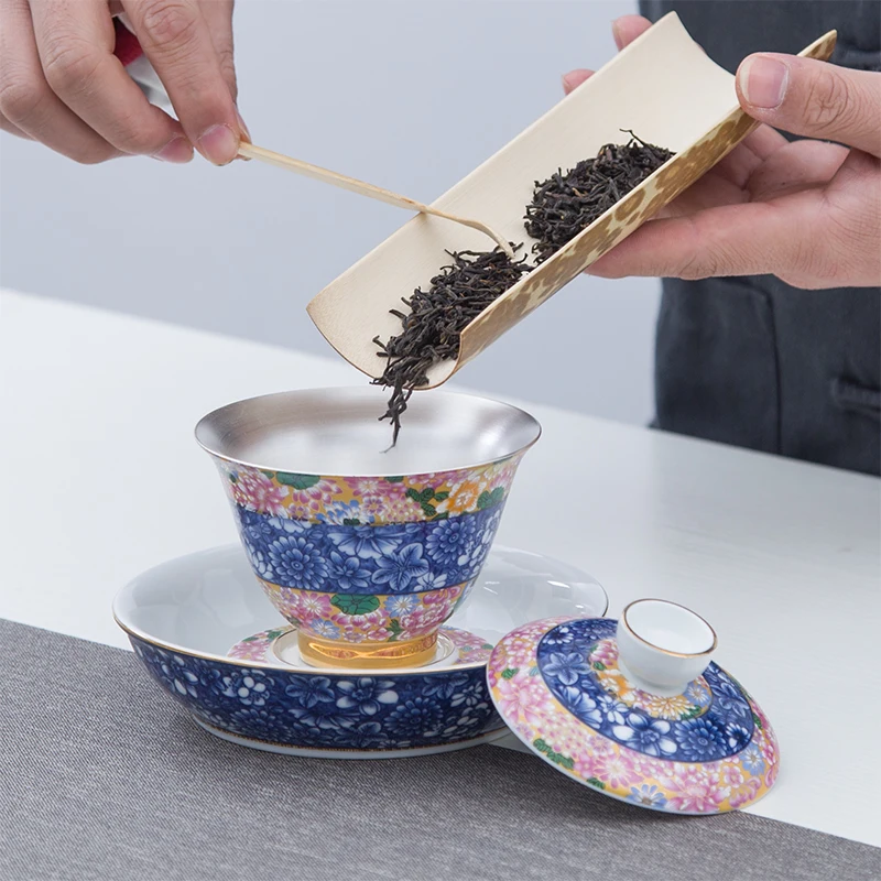 180 мл Цзиндэчжэнь синий и белый фарфор Gaiwan серебро ручная роспись эмаль чайные
