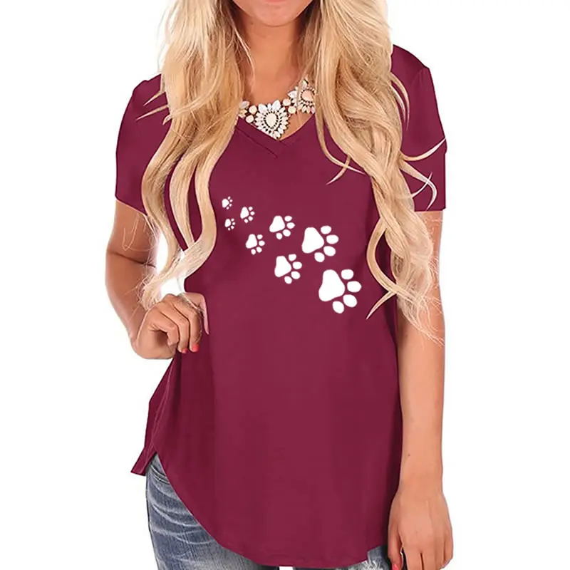 2018 New Fashion Dog Paw Print T Shirt for Women V neck Short Sleeve