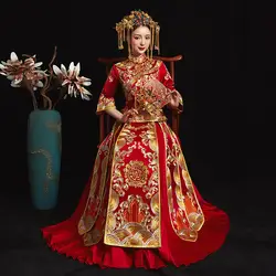 Китайский национальный свадебная одежда Красный Дамы Винтаж Вышивка Qipao Oriental невесты плиссированное платье Высокое качество Cheongsam костюм