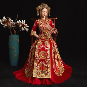 

Chinese National Wedding Clothes RED Ladies Vintage Embroidery Qipao Oriental Bride Pleated Dress High Quality Cheongsam Suit
