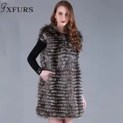 Fxfurs 2017 натуральным лисьим мехом жилет Элитный бренд женские пальто Природного Серебра меховой жилет натурального меха лисы Жилет в полоску