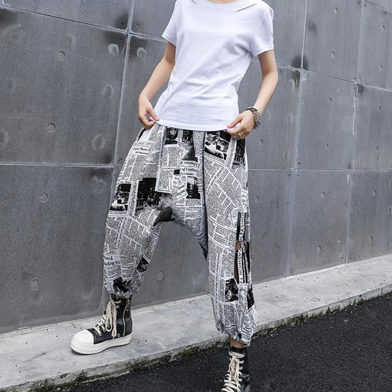 

Summer Streetwear Hip Hop Harem Pants Women High Waist wide leg Pants Baggy Casual Trousers Cotton Linen Loose Harlan Pants