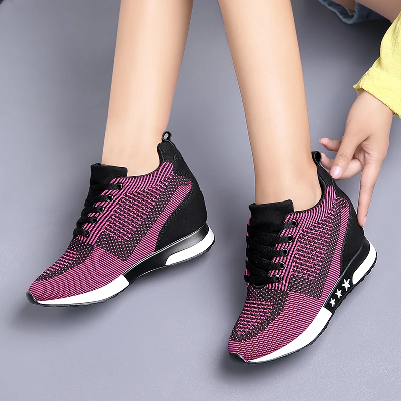 Fashion Sneakers Women Hide Heel Wedges Casual Shoes Woman Flying Knitting Breathable High Top Sneaker Shoes Women XZ115 (14)