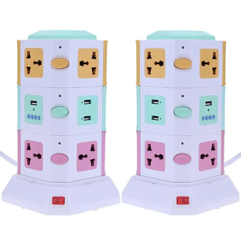 

3 Layer 10 Ways Universal Smart Electrical Plug Vertical AC Power Socket Outlet with Independent Switch Suit + 2 USB Ports