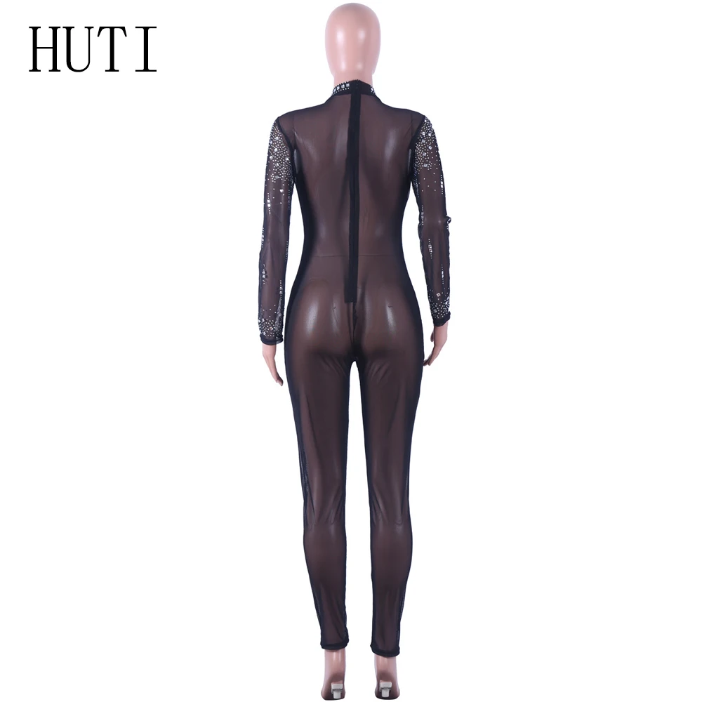 HUTI Women Jumpsuit Sparkly Rhinestone Diamonds Jumpsuits Long Sleeve See Through Mesh Bodysuits Club Party One Piece Romper