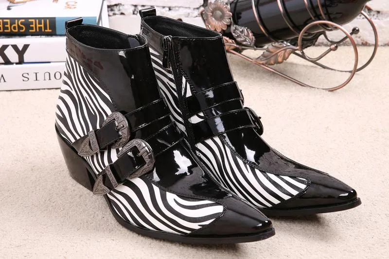 Choudory New Winter Shoes leather Men Pointed Toe Buckle Men's Dress Boots zebra strip Men Height Inceased Men's High heels