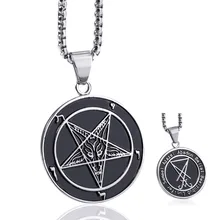 Colar de pingente de aço inoxidável masculino selo de satan sigil de lúcifer ambos os lados baphomet cabra diabo invertido pentagrama chain