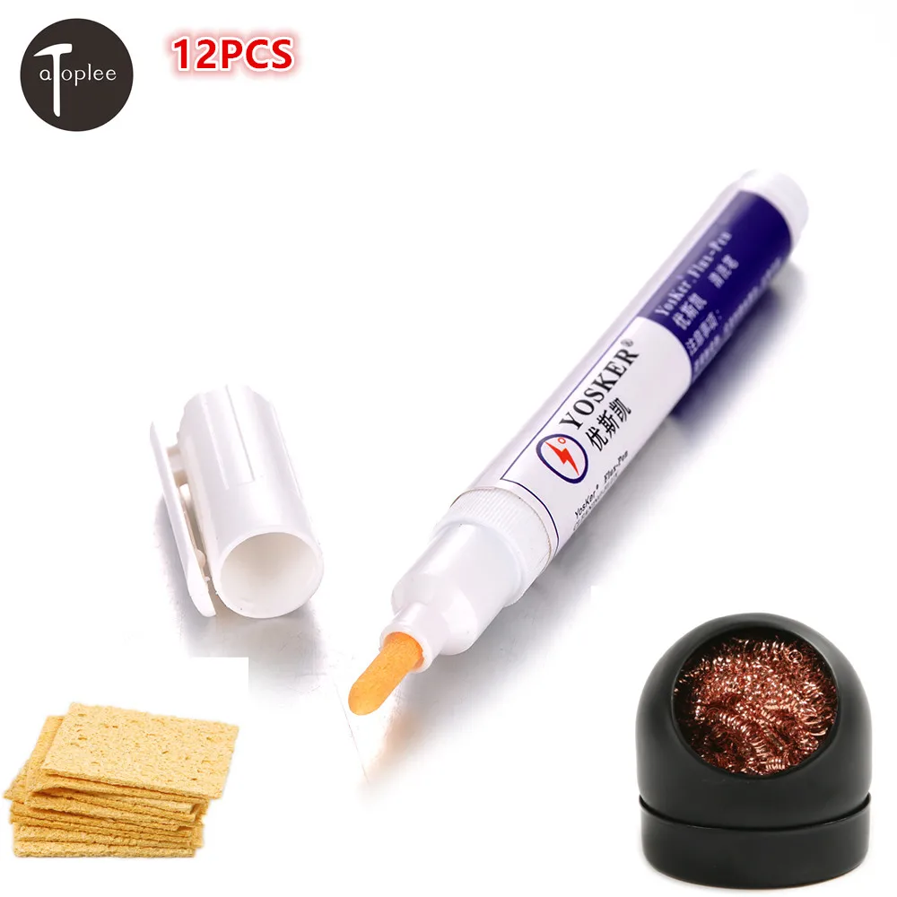 

12pcs/se Soldering Cleaning Tools Soldering Flux Pen + Copper Solder Ball Tip Cleaner + 10pcs Welding Head Cleaning Sponge