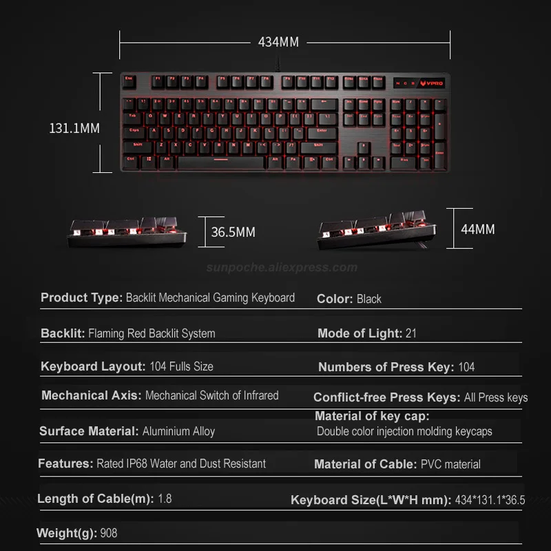 Игровая механическая клавиатура Rapoo V580 с 104 клавишами, двойной цветной впрыск, проводная клавиатура с подсветкой