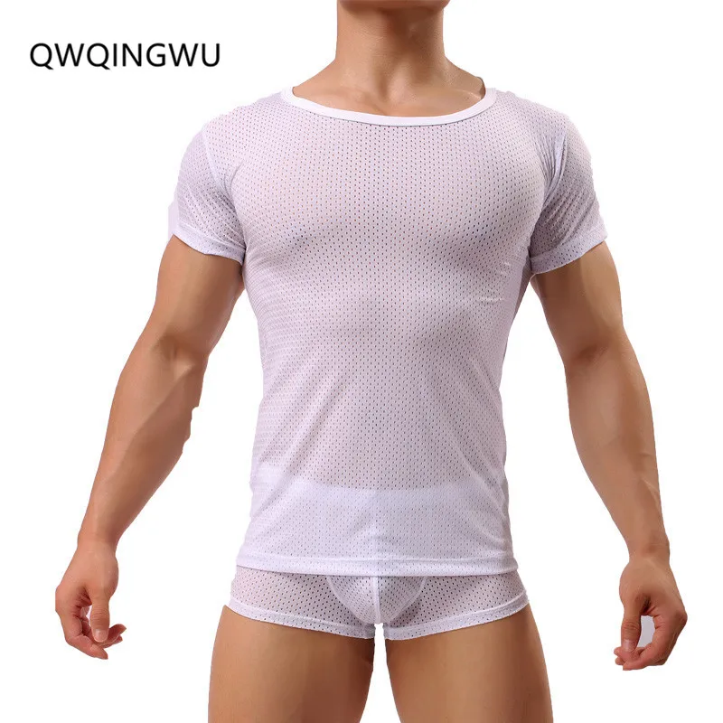 

Man Sexy Undershirt and Pants Set Compression Undershirts Men Seamless O-Neck Breathable Hole Shirt Gay Underwear Undershirts