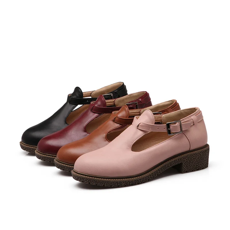 

2019 New Women Shoes Vintage Solid Loafers Shoes Round Toe Platform platform Adjustable Buckle Strap Casual Shoes Girl PU Shoes