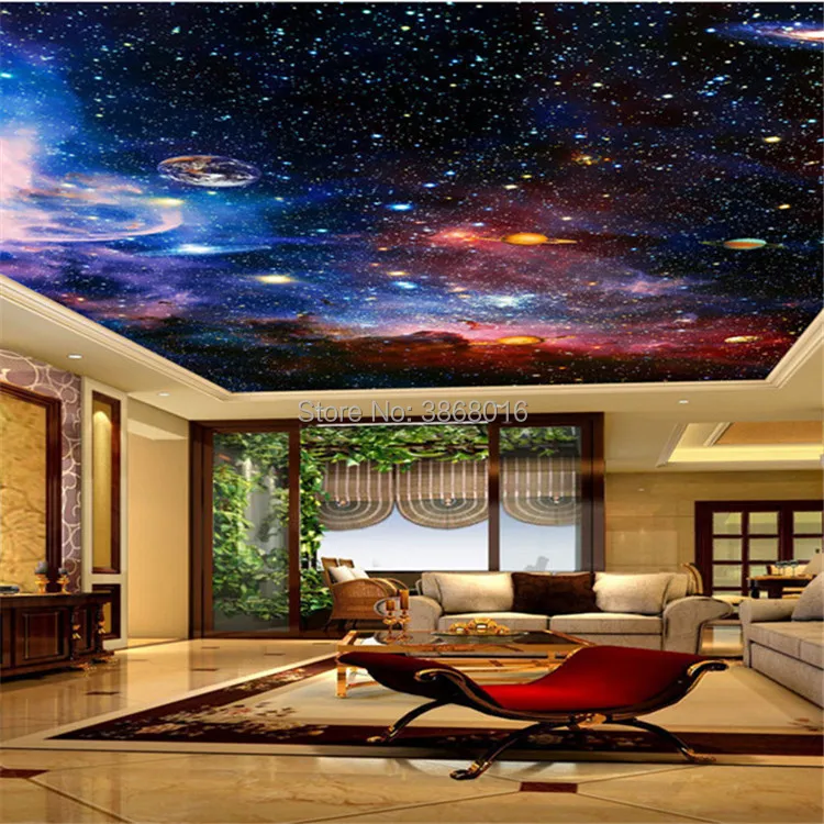 Пользовательские росписи 3D туманности ночное небо потолки стены спальни ТВ фоны Galaxy тема обои Вселенная звездное небо потолок отель