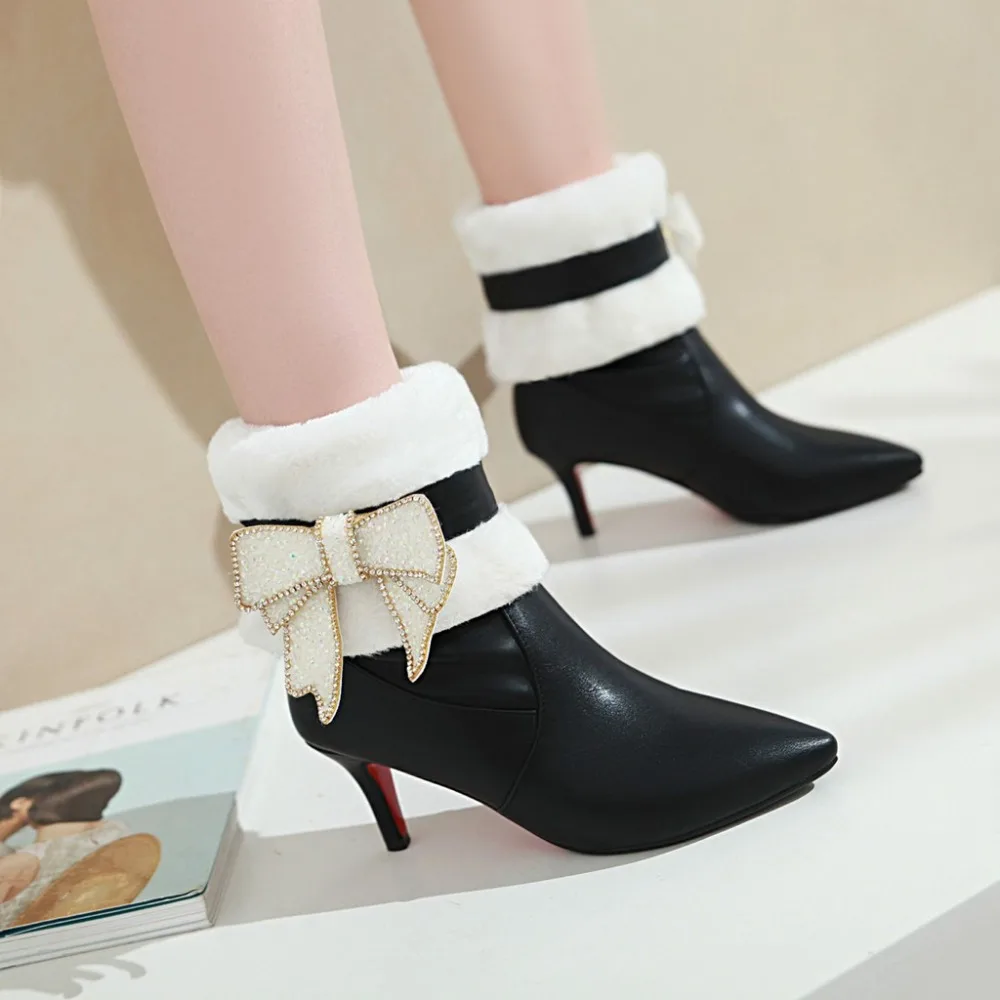 

Kickway Sexy Crystal Butterfly-Knot Boots Slip-on Pointed Toe Women Boots Ladies Mid Calf Boots Black Red White Plus Size 34-43