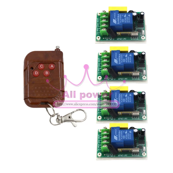 

Free Shipping RF Wireless Remote Control Switch 220V 30A 3000W Transmitter&4Receiver System for Light/Lamp LED water pump ON OFF