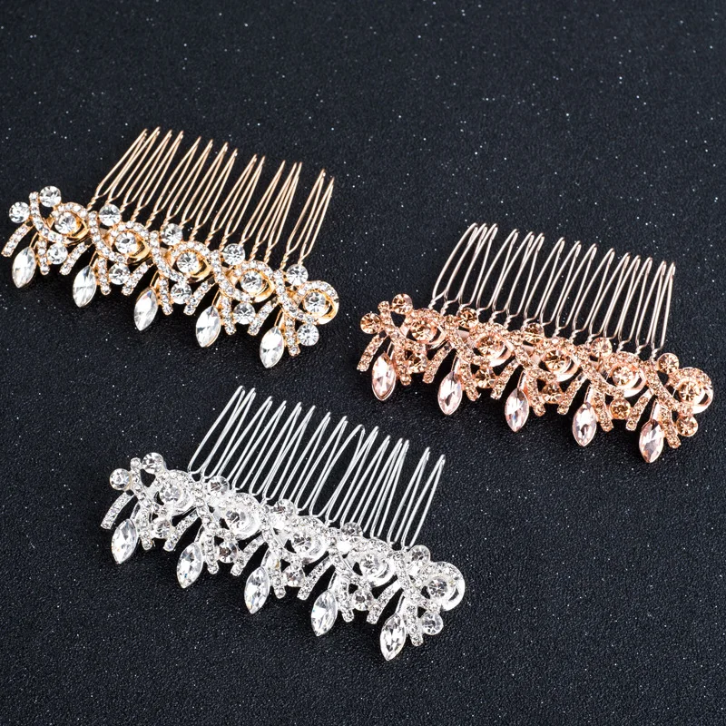 

European gold hair comb bridal rhinestone set with diamond beads wedding jewelry accessories