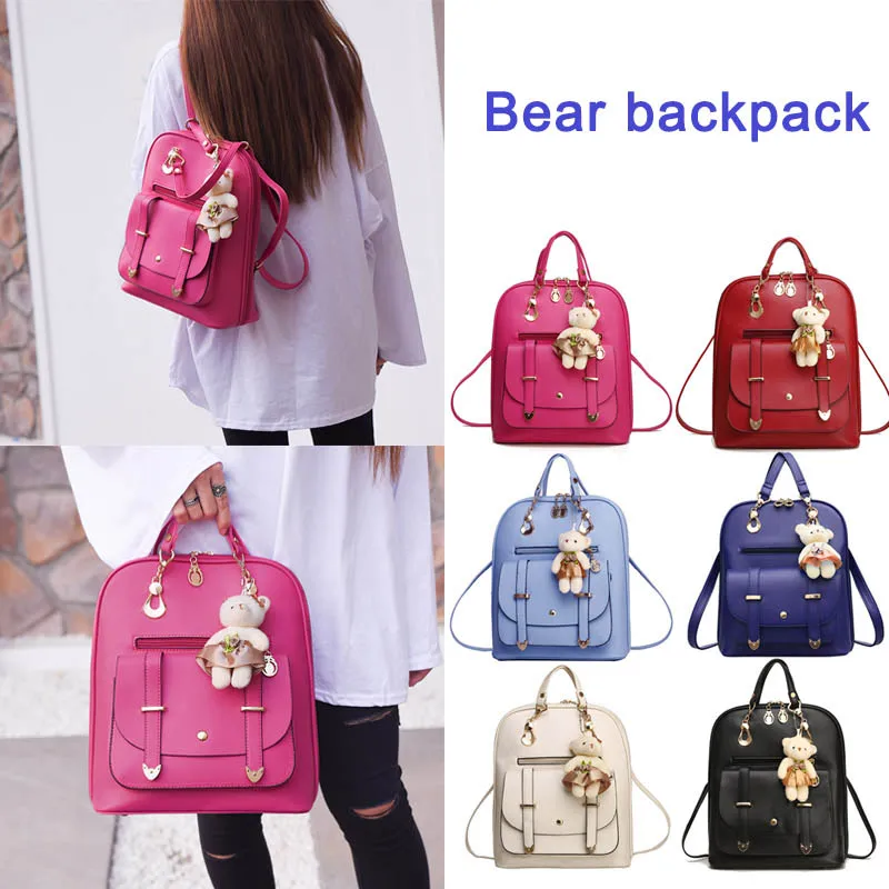 

New Arrival New Casual PU Fashion Women Backpack School Travel Bag With Bear Doll For Teenagers Girls