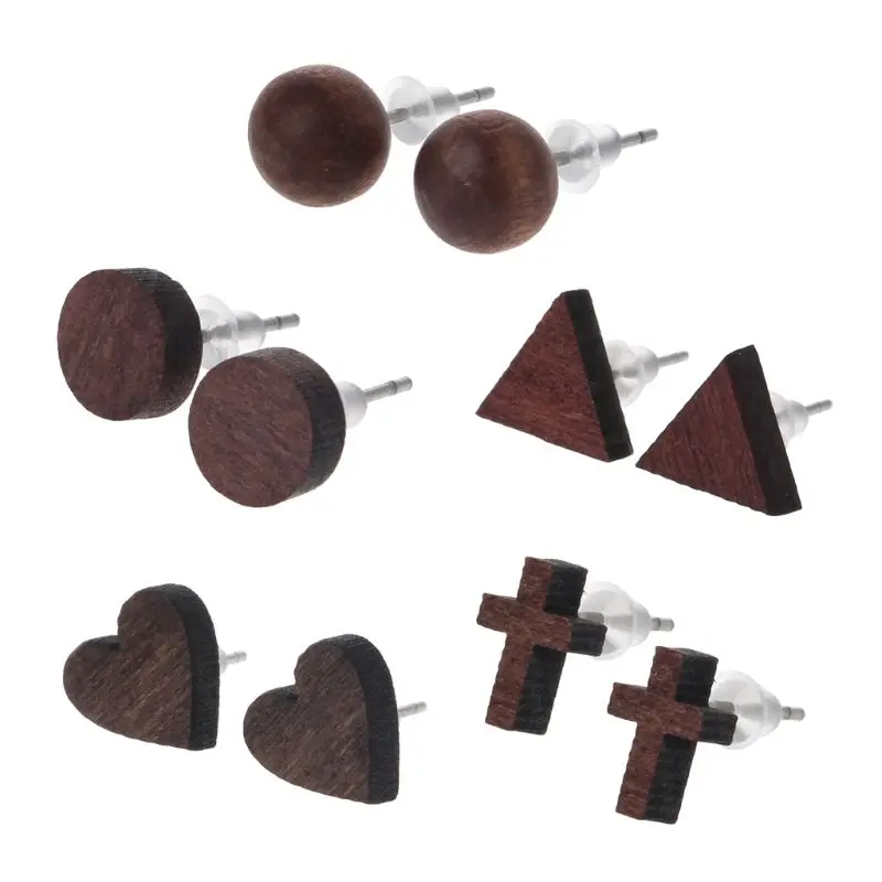 

Geometric Round Ball Heart Cross Tiny Natural Wood Stud Earrings Fashion Jewelry