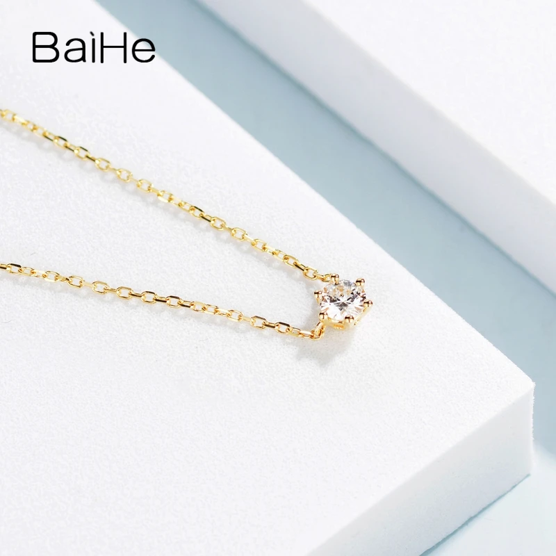 BAIHE Solid 18K желтого золота 0.10CT Сертифицированный H/SI натуральный алмаз помолвка женские модные ювелирные изделия ожерелья