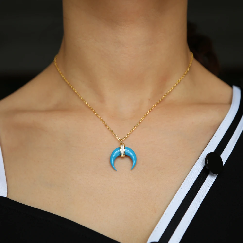 

2019 New Arrival two color Blue Turquoises Howlite Blue Stone Crescent moon Horn trendy charm Necklace For Women fashion Jewelry
