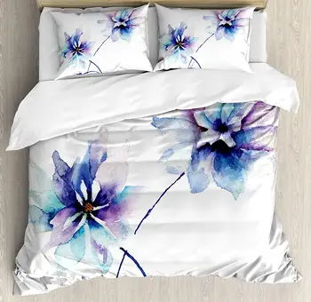 

Watercolor Flower Duvet Cover Set Queen Size Flower Drawing with Soft Spring Colors Retro Style Floral Artwork Theme A