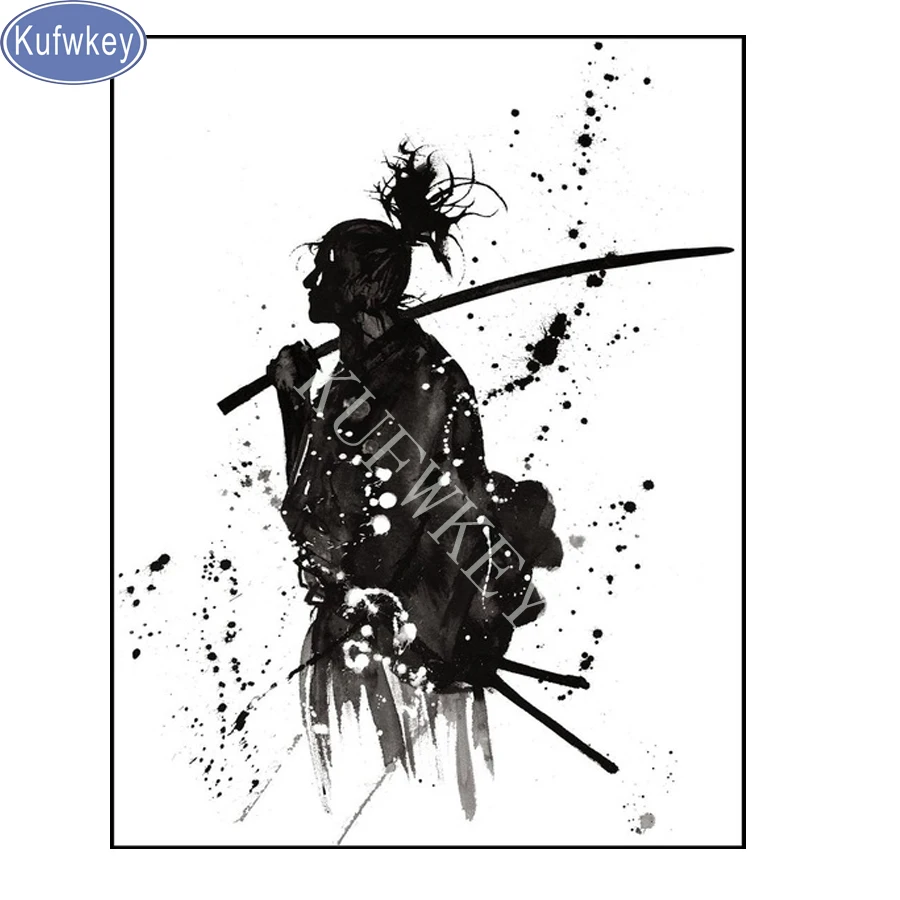 

5D DIY Diamond embroidery Mosaic Cross Stitch Full Square Drill 3D Diamond Painting Black and White Japanese Samurai pictures