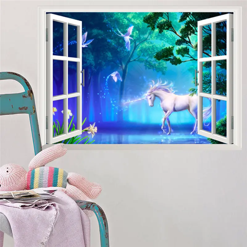 

& Unicorn Horse Fake Window Wall Stickers for Kids Room Decoration 3d Animals Mural Art Diy Cartoon Diy Scenery Home Decals