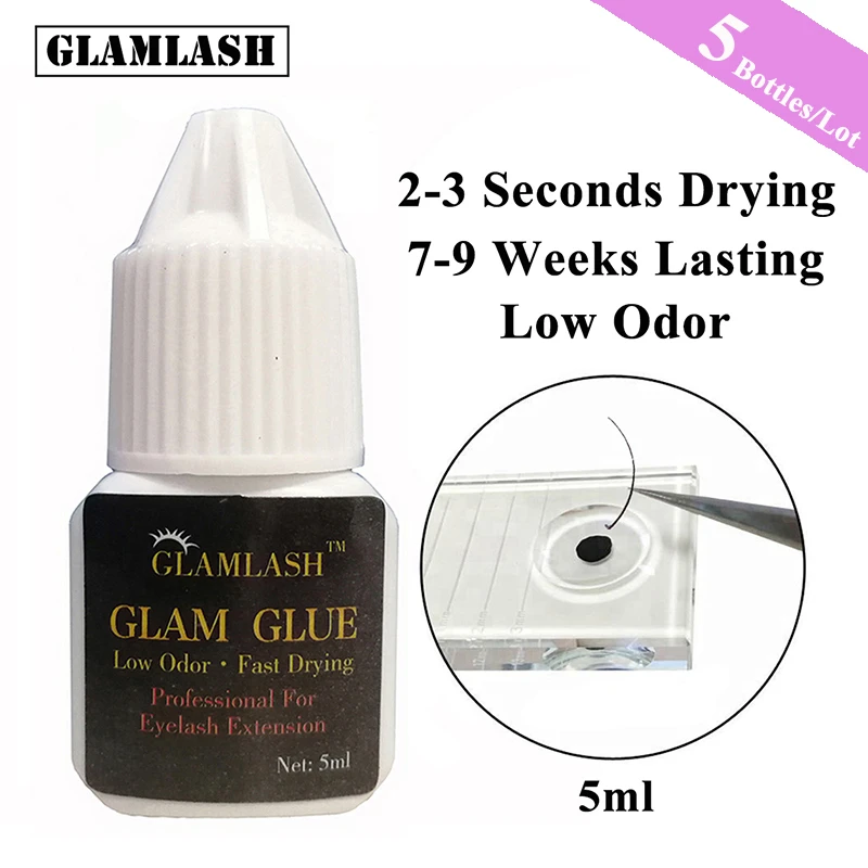 

GLAMLASH 5 Bottles White Cover Low Smell Extremely Strong Black Eyelash Glue for Lash Extensions 2-3Sec Fast Dry Maximum Bonding