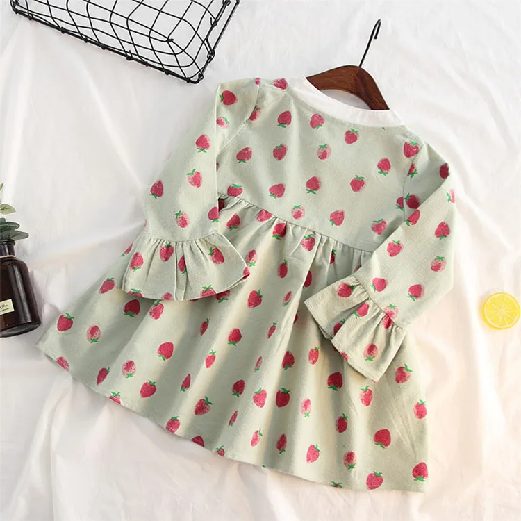 Fanfiluca Girls Dress 2018 Autumn Casual Style Girls Clothes Long Sleeve Strawberry Pattern Cotton Stand Collar Dress013