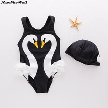 Летний милый купальник для маленьких девочек, Цельный купальник с рисунком лебедя, От 1 до 8 лет, пляжный купальник для девочек+ шапочка, детские купальные костюмы
