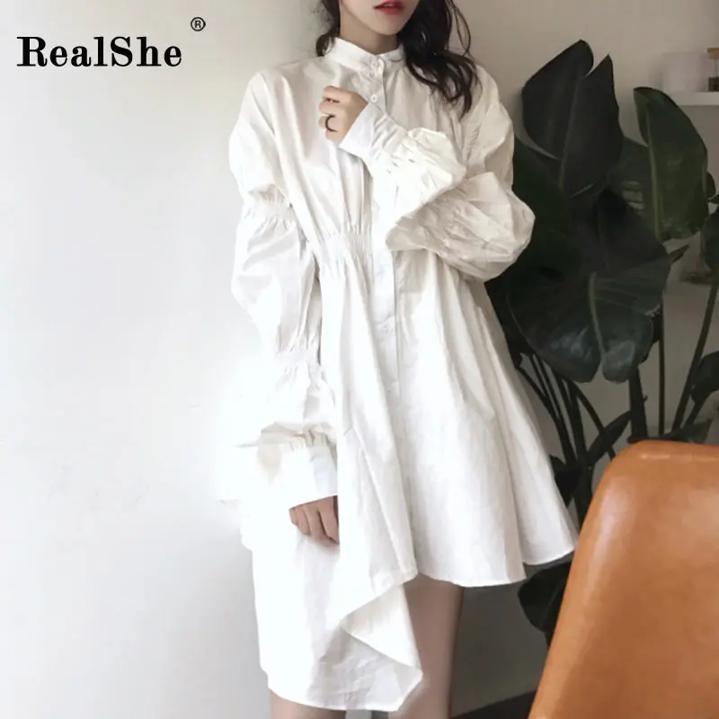 

RealShe New Summer Casual Shirts Women Stand Collar Long Sleeve Asymmetrical Pleated Tops And Blouse Female White Shirt Dress