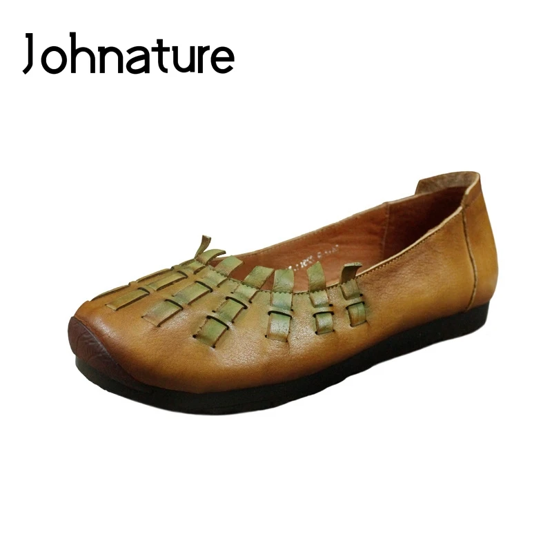 

Johnature 2019 New Spring/autumn Handmade Genuine Leather Casual Round Toe Solid Shallow Slip-on Comfortable Women Flats Shoes