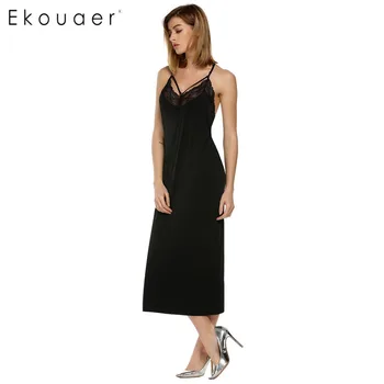 

Ekouaer Women Nightdress Fashion Lace Splicing Sleeveless Sleepwear Sexy Nightgown Lingerie Robes Ladies Summer Dress