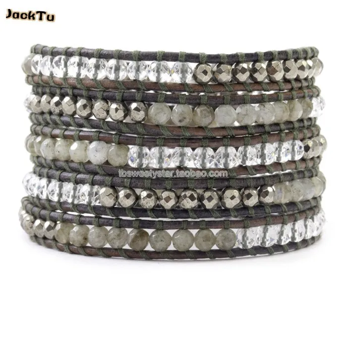 

Free shipping hottest labradorite crystal leather wrap bracelet for woman