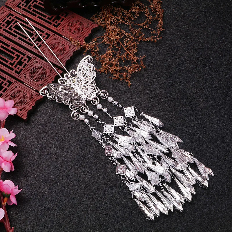 Костюм Hanfu головной убор ретро аксессуары для волос длинный Многослойный небольшой свежий бахрома ювелирные изделия имитация Мяо серебряная вставка гребень - Цвет: U hairpin one