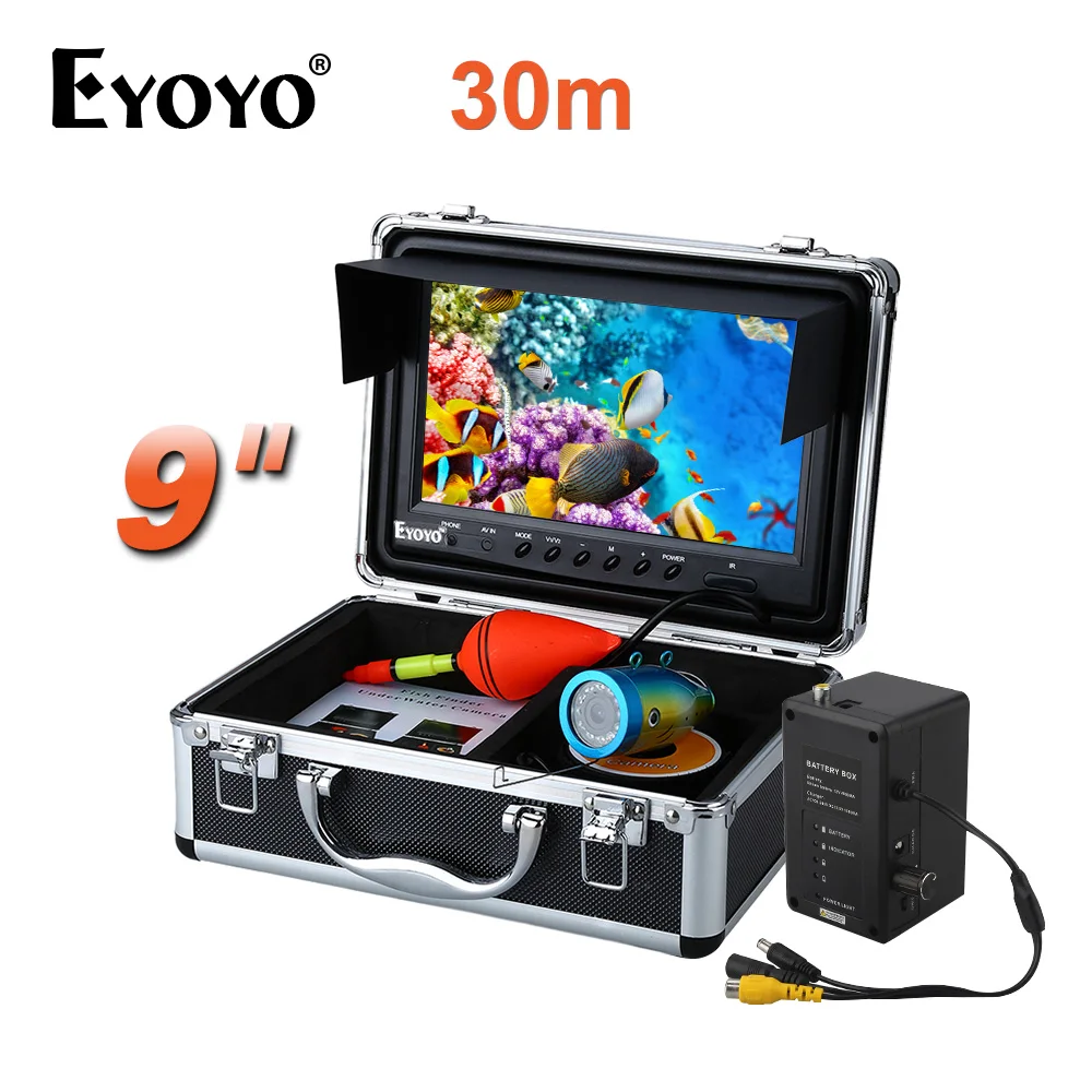 

EYOYO 30M 1000TVL HD Underwater Fishing Camera Fish Finder 9" Large Monitor White LED Adjustable with Cell Box