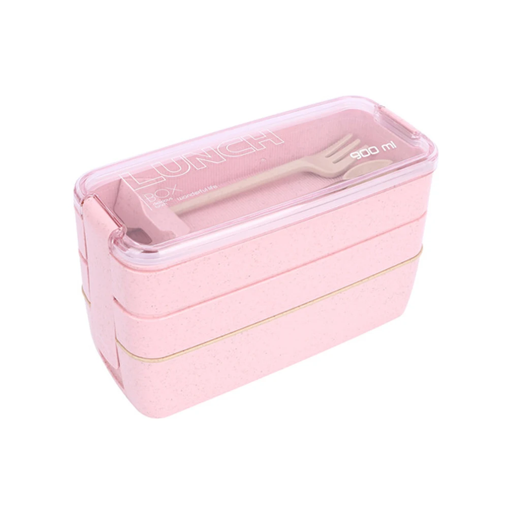 900ml Healthy Material Lunch Box 3 Layer Wheat Straw Bento Boxes Microwave Dinnerware Food Storage Container Lunchbox - Цвет: Розовый