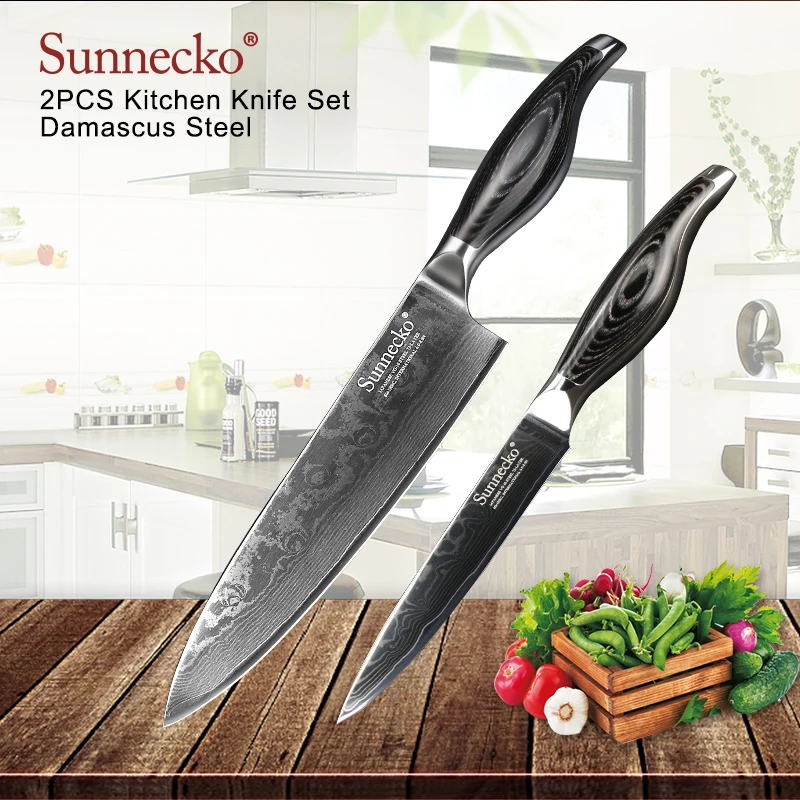 

SUNNECKO 2PCS Kitchen Knives Set Chef Utility Knife Damascus Japanese VG10 Steel Pakka Wood Handle Sharp Meat Fruit Cutter Knife