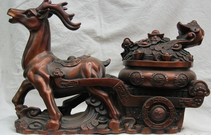 

JP S62 16 " China Chinese Bronze Folk pull deer coin money wealth treasure bowl Statue