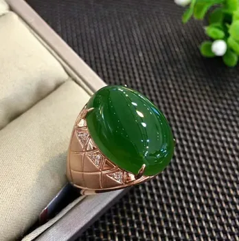 

18K rose gold with diamonds to create top-grade old-fashioned spinach green and Tianbi jade-shaped male ringh68#