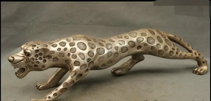 

21" Chinese Feng shui White Copper Silver Ferocious Leopard Panther Cheetah Statue
