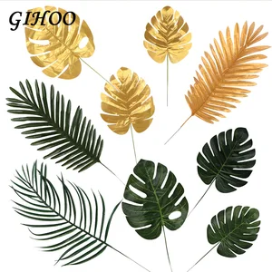 Image 2 - 5 adet altın yeşil yüksek kaliteli sahte yaprak yapay tropikal palmiye yaprakları DIY bitki ev partisi düğün masa masa parti dekorasyon