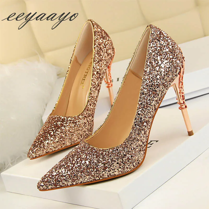 

2019 New Women Pumps High Thin Heel Pointed Toe Bling Bridal Wedding Women Shoes Champagne Sexy Ladies High Metal Heels Shoes