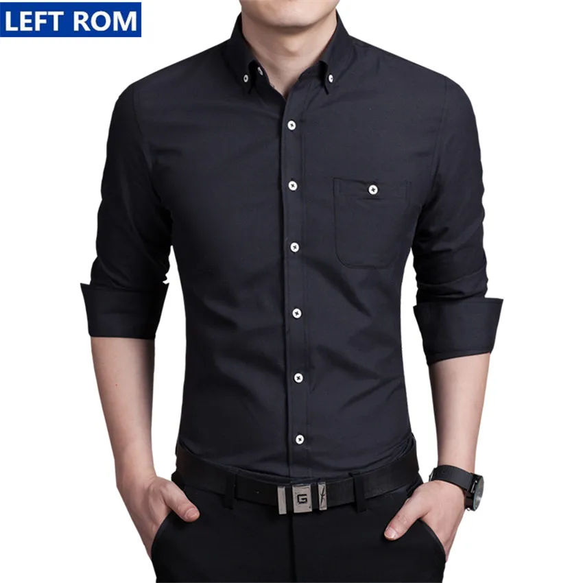 Однотонные мужские рубашки с длинным рукавом большого размера s m l xl 4XL 5XL темно-синий черный синий красный модная мужская рубашка в деловом стиле приталенная элегантная - Цвет: Черный