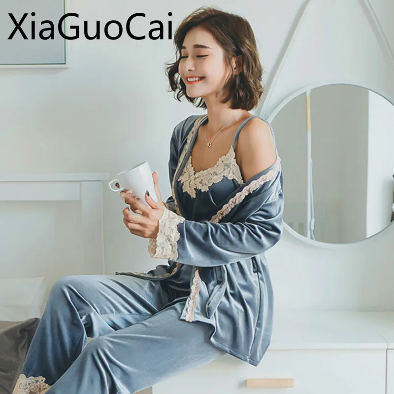 Three-piece Suit Pajamas Women s Sexy Nightdress Lace Gown Gold Velvet Pajamas Set Pyjamas Women Three-piece Suit Pajamas Women s Sexy Nightdress Lace Gown Gold Velvet Pajamas Set Pyjamas Women