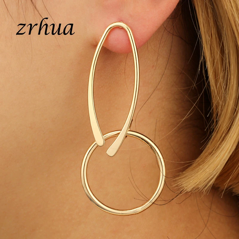 

ZRHUA Classic Connecting Round Earrings for Women Brincos Jewelry Simple Big Exaggeration Gold Color Drop Earring Bijoux