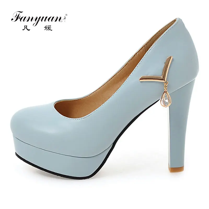 

Fanyuan 2018 Slip-on Mental Decoration Block High Heels Shallow Platform Shoes Woman Pumps Elegant Party Job zapatos mujer tacon